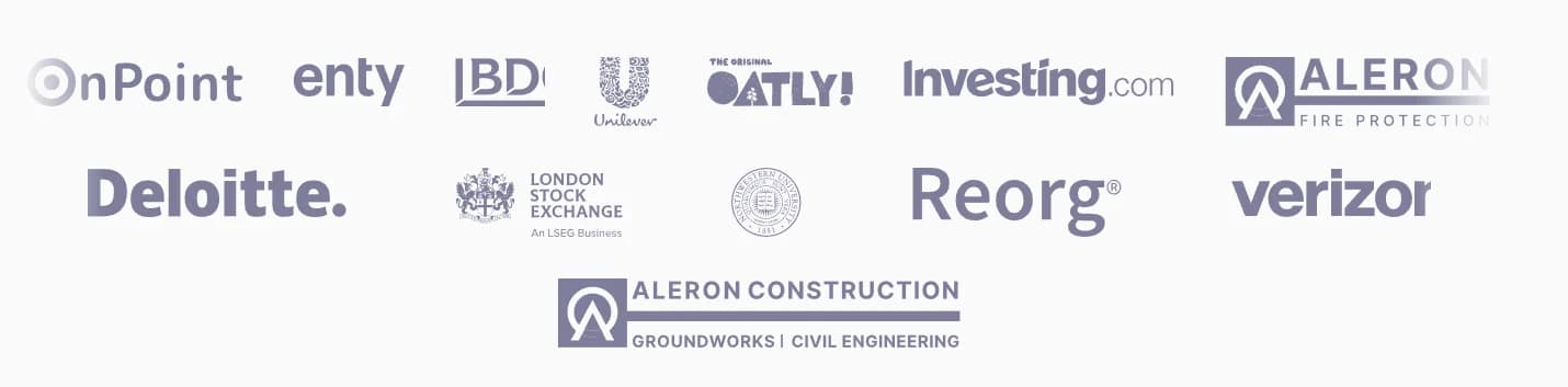 Trusted by OnPoint, enty, IBD, Unilever, OATLY, Investing.com, ALERON, Deloitte, London Stock Exchange, Northwestern, Reorg, verizor, and more